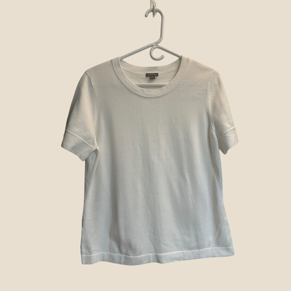 Ann Taylor Womens XL White Short Sleeve Sweater Button Cuff Cotton Blend Crew